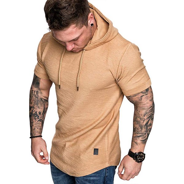 Mænds Almindelig Kortærmet Hættetrøje Sommer Casual Sports Hoodies Tops Khaki XL