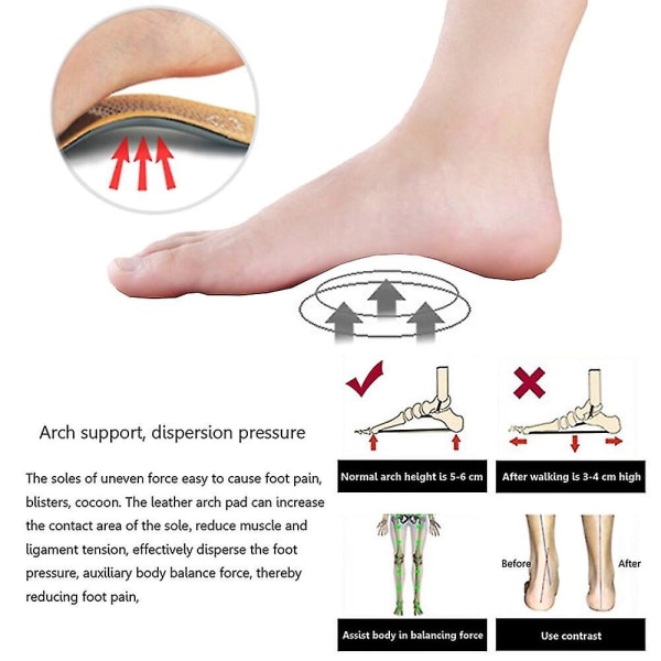 Nahkainen ortoottinen pohjallinen litteille jaloille Arch Support Ortopediset kengät Pohjapohjat jaloille Miehet Naiset Lapset O/x Jalkakorjattu EU 35 to 36