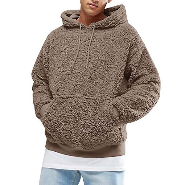 Männs Solid Drawstring Huvtröja Fleece Långärmad Hoodie Coffee M