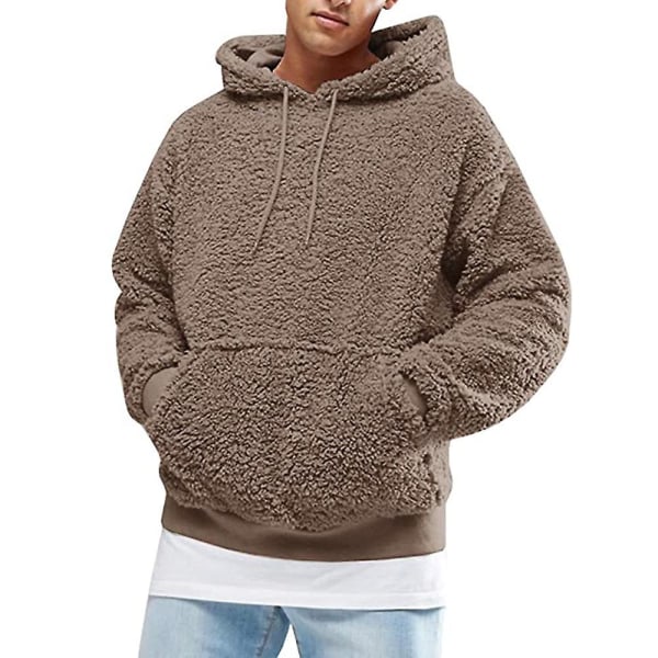 Solid hettegenser med snøring for menn Fleece hettegensere med lange ermer Coffee XL