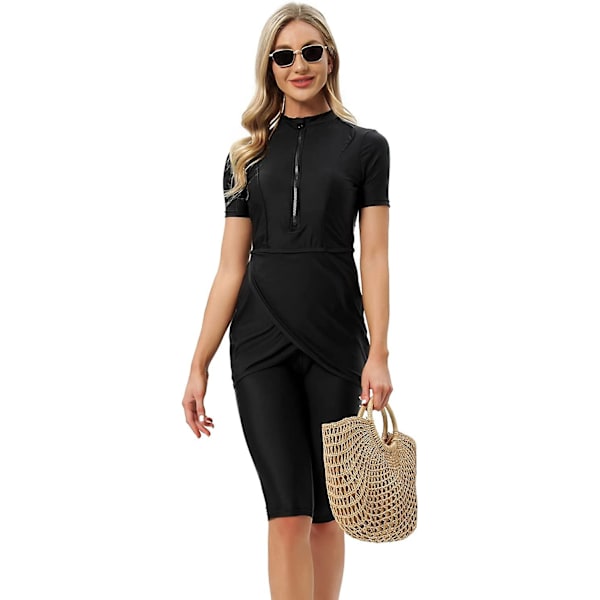 Kvinnor Modest Badkläder Islamisk Muslim Baddräkt Kortärmad Dragkedja Fram Top Shorts Byxor Hijab 3st Simdräkt S-4xl Tangrui Black 4XL