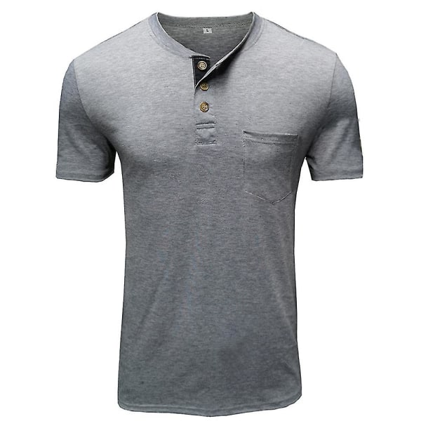 Mænds Henley T-shirts Kortærmede Sommer Topper Med Lomme Light Grey XL