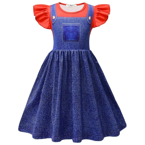 4-9 År Piger Prinsesse Peach/Super Mario Cosplay Festkostume Kjole Gave - Denim Rød 5-6 Years