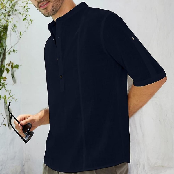 Sommer V-hals skjorter for menn Halfsleeve skjorter Holiday Casual Topper Navy Blue XL