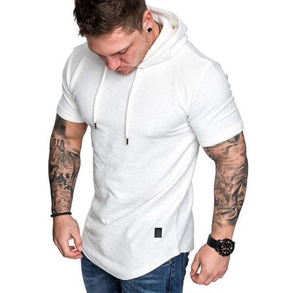 Herrar Enfärgad Kortärmad Huvtröja Sommar Casual Sport Hoodies Toppar White 2XL