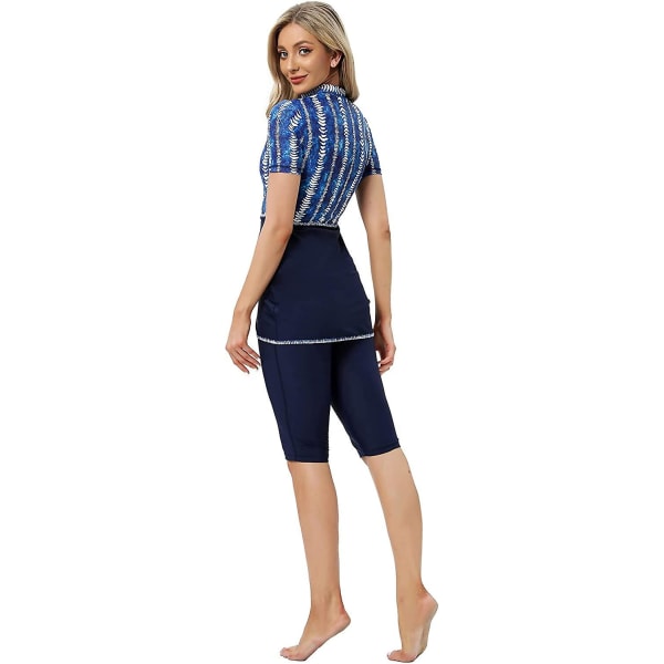 Kvinder Modest Badetøj Islamisk Muslim Badedragt Kortærmet Lynlås Forside Top Shorts Bukser Hijab 3 stk Svømmekostume S-4xl Tangrui Blue M