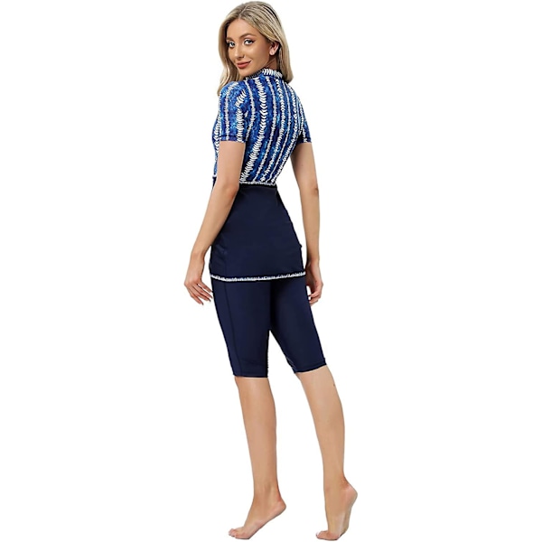 Kvinnor Modest Badkläder Islamisk Muslim Baddräkt Kortärmad Dragkedja Fram Top Shorts Byxor Hijab 3st Simdräkt S-4xl Tangrui Blue L