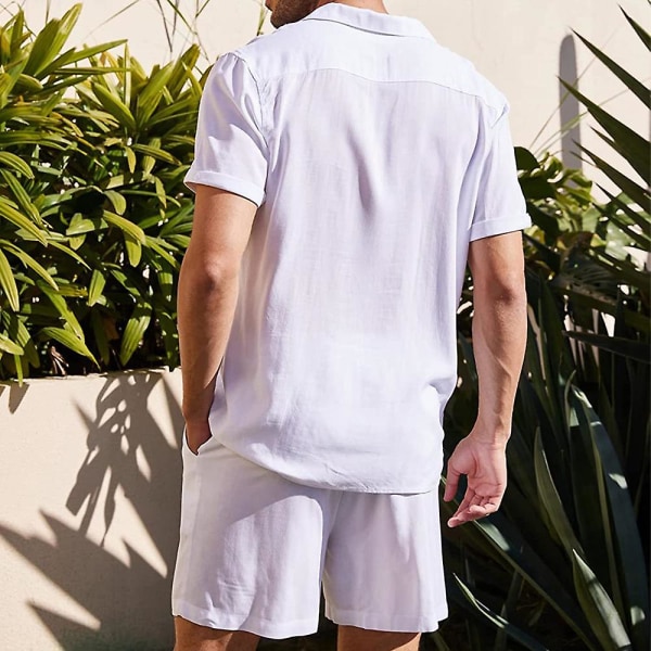 Herre ensfarvet kortærmede skjorter Korte bukser Sæt Sommerferie Strandoverdele + Shorts Outfits White XL