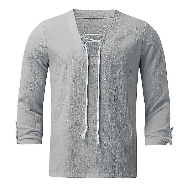 Herre sommer V-hals snøreskjorter Casual Holiday almindelige skjorter Toppe Grey M