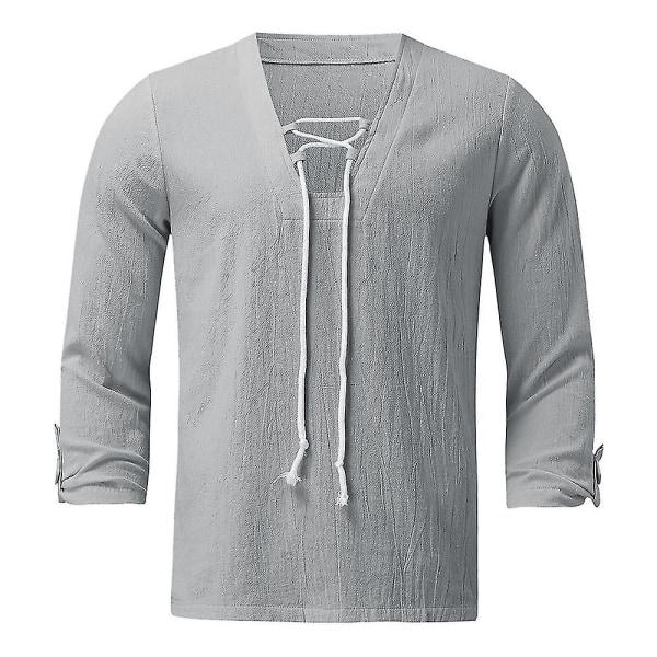 Herre sommer V-hals snøreskjorter Casual Holiday almindelige skjorter Toppe Grey XL