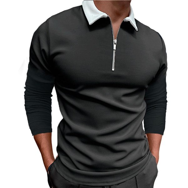 Herrar Toppar Långärmad Skjorta Casual Sport Zip Polotröja Dark Grey L