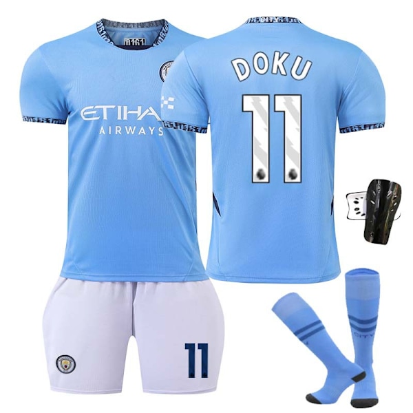 2425 Manchester City Home Football Jersey Doku Football Jersey Set with Socks+Protective gear 26(140-150cm)