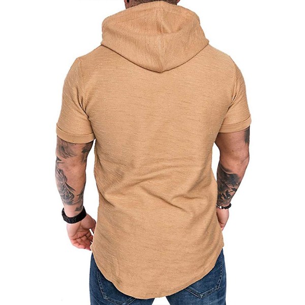 Herr Enfärgad kortärmad huva T-shirt Sommar Casual Sport Hoodies Toppar Khaki 2XL