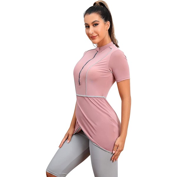 Kvinnor Modest Badkläder Islamisk Muslim Baddräkt Kortärmad Dragkedja Fram Top Shorts Byxor Hijab 3st Simdräkt S-4xl Tangrui Dusty Pink XXL
