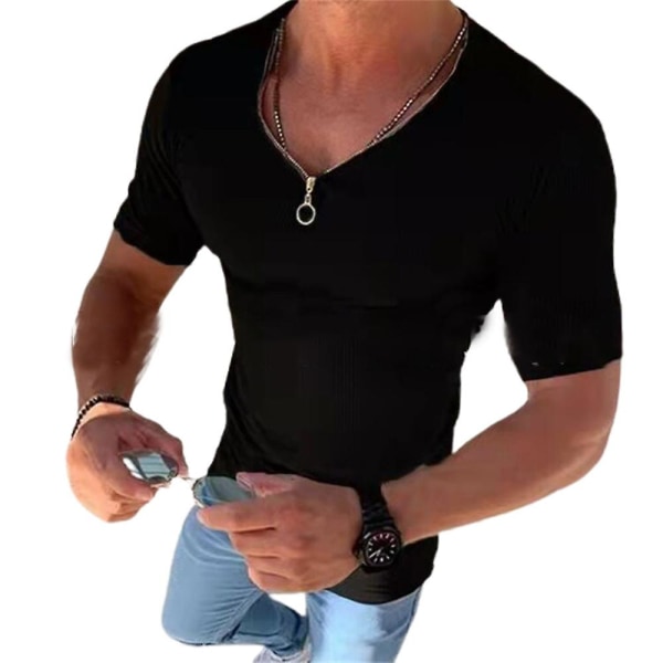 Herreoverdele Sommer Casual Slim Fit V-hals T-shirts med lynlås Black M