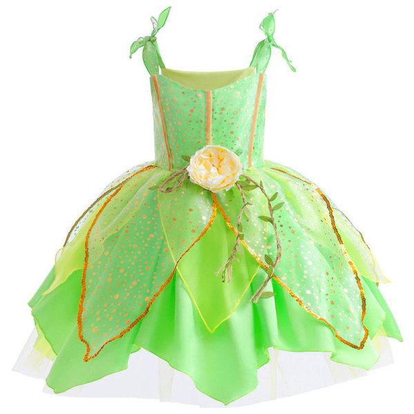 2-9 år Tinkerbell Fairy Dress Jenter Cosplay kostyme Grønn Fairy Princess Kjole med krone halskjede Hånd blomster gaver 7-8 Years