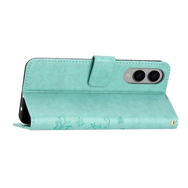 Læder Wallet Case med Sommerfugl og Blomster til Samsung Galaxy S25 Edge med Rem Multicolor Baby Blue