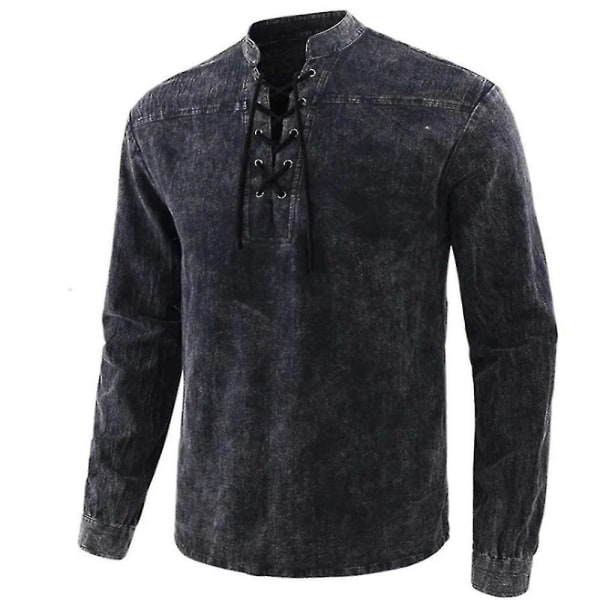 Herre vintage skjorte langærmet afslappet V-hals snørebånd Toppe Retro skjorter Black S