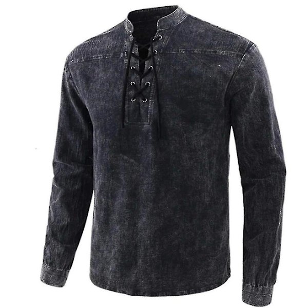 Miesten vintage -paita pitkähihainen casual V-kaula-aukkoinen nauhallinen kiristysnauha Topit Retropaidat Black M