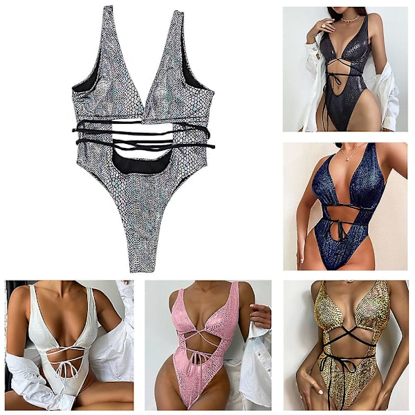 Sexig Ärmlös Jumpsuit Baddräkt Med Ormtryck Bekväm Andningsbar Baddräkt Passar Strandfestresa Silver XL