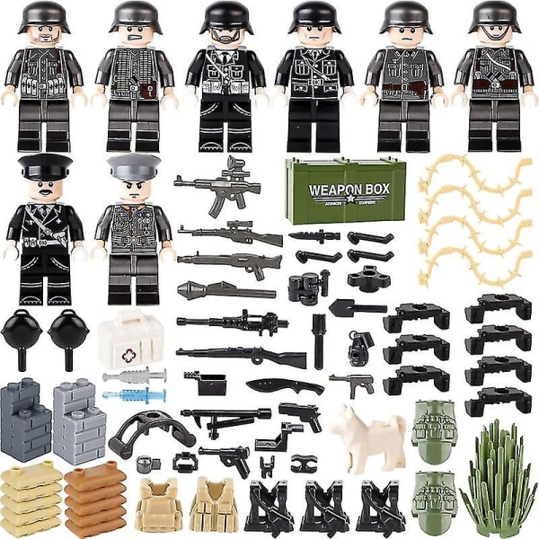 8 stk. Militære Mini Figurer Base Ww2 Sæt + Våben Kit Hær Våben Soldater Legetøj