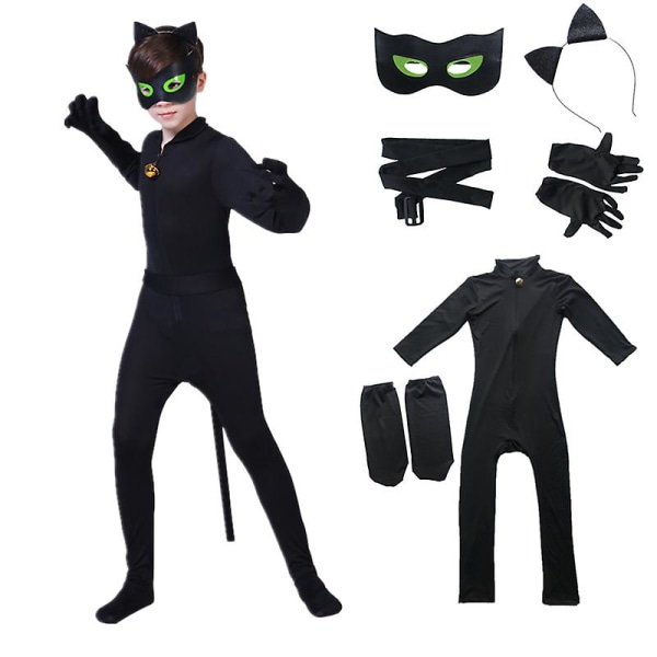 Barn Black Cat Costume Pojkar Cosplay Noel Bodysuit med mask, öra, svans -ge 120(115-125CM)