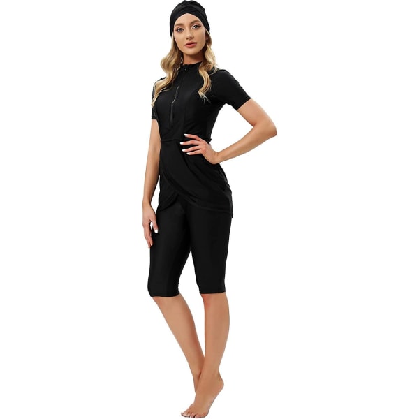 Kvinder Modest Badetøj Islamisk Muslim Badedragt Kortærmet Lynlås Forside Top Shorts Bukser Hijab 3 stk Svømmekostume S-4xl Tangrui Black M