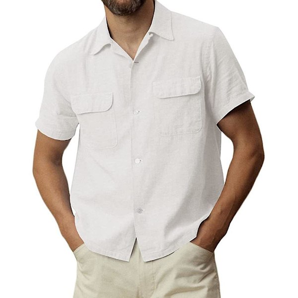 Miesten lyhythihainen napitettu paita Kesä Casual Topit Taskuilla White XL