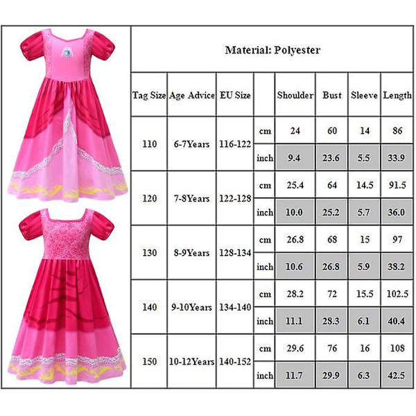 6-12-vuotiaille tytöille Super Mario Bros Prinsessa Peach Cosplay-mekko Hieno Pukeutumiskostyymi Halloween Joululahjat 10-12 Years