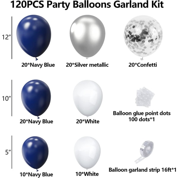 Marinblå, Silvervit Konfettiballongbåge-kit, 120 st 12 tum 10 tum 5 tum Latex Girlangbågar Kit för Examen, Födelsedag, Bröllop, Jubileum, Firande