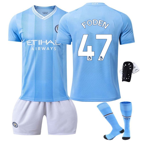 2324 Manchester City hjemmebanetrøje fodbolduniform Foden Med sokker+Beskyttelsesudstyr 28(150-160cm)