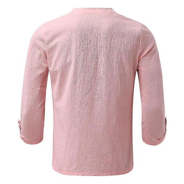 Herre sommer V-hals snøreskjorter Casual Holiday almindelige skjorter Toppe Pink L