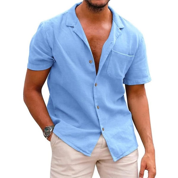 Herrar Sommar Krage Skjortor Kortärmad Knappskjortor Semester Casual Toppar Light Blue XL