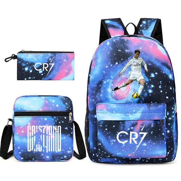 Fotbollsstjärna C Ronaldo Cr7 ryggsäck med printed runt studenten Tredelad ryggsäck. Starry blue 2 threepiece suit