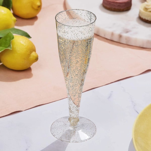 30 Plast Champagne Flutes Disponibel | Guld Glitter Plast Champagneglas För Fester | Glitter klara plastmuggar | Rostglas i plast |
