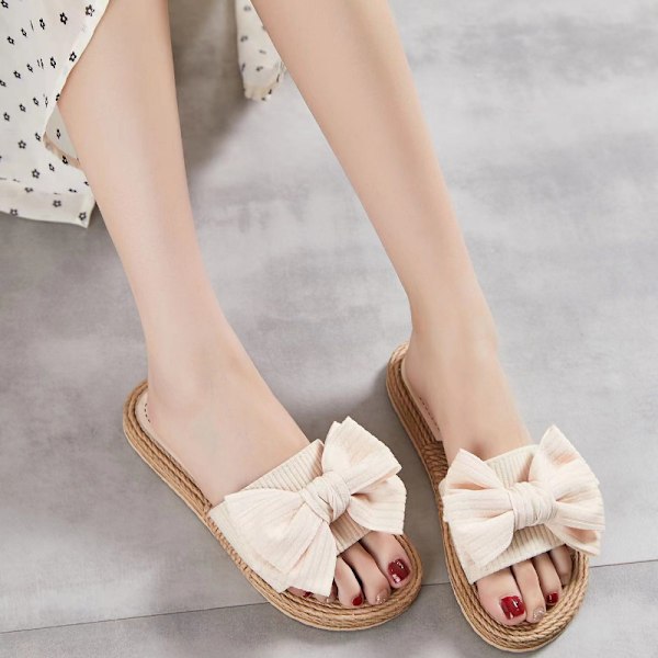 Bekväma damsandaler med platt sula, mjuk botten, halkfri rosettknut, fashionabla flip-flops Off-white 38