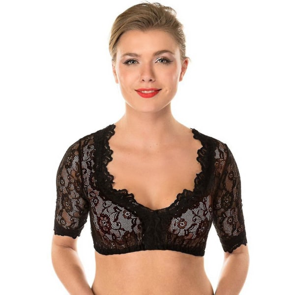 2023 Dirndl bluse med volanger hvit - tradisjonell elegant bayersk oktoberfest cropped bluse hg Black L