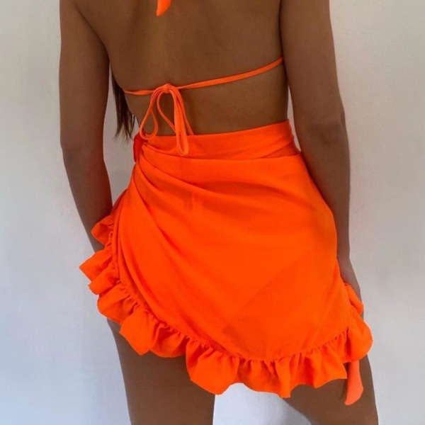 Dames Ruffles Sarong Coverups Badetøj Sheer Wrap Badetøj Skørt Strand Bikini Cover Up Badetøj Orange