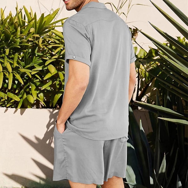 Enfärgade kortärmade skjortor för män Korta byxor Set Summer Holiday Beach Tops + Shorts Outfits Grey XL