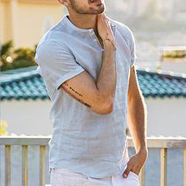 Herr Henley-tröja Kortärmad Skjorta Sommar Toppar Light Blue XL
