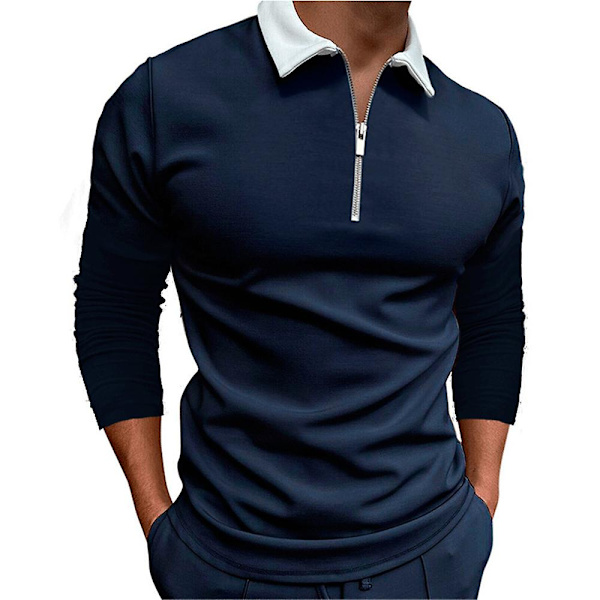 Miesten pitkähihainen rento urheilullinen vetoketjullinen poloshirtti Navy Blue XL