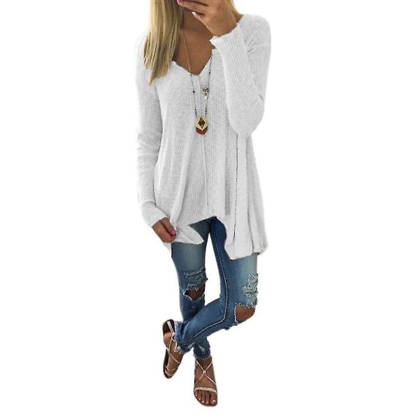 Kvinder Langærmet V-hals almindelig sweater Tunika Pullover Casual Toppe White XL