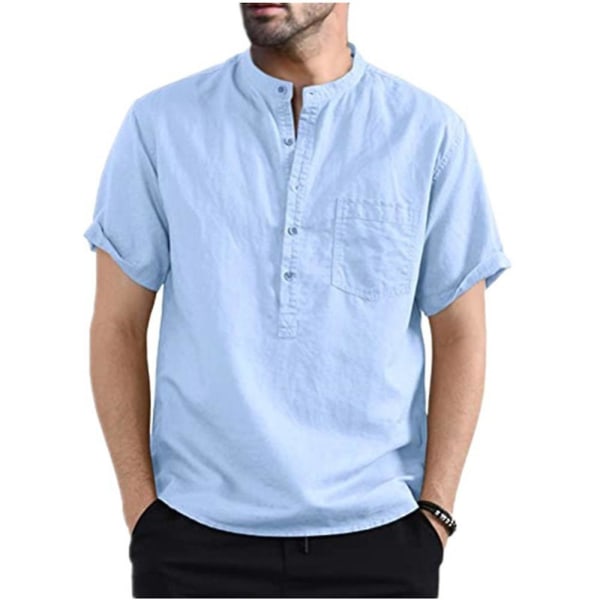 Herre overdele sommer Henley Neck kortærmede skjorter Light Blue S