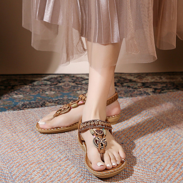 Bohemiska damsandaler sommar 2025 - Rund tå strass Flip-Flop platt komfort Dark green 36
