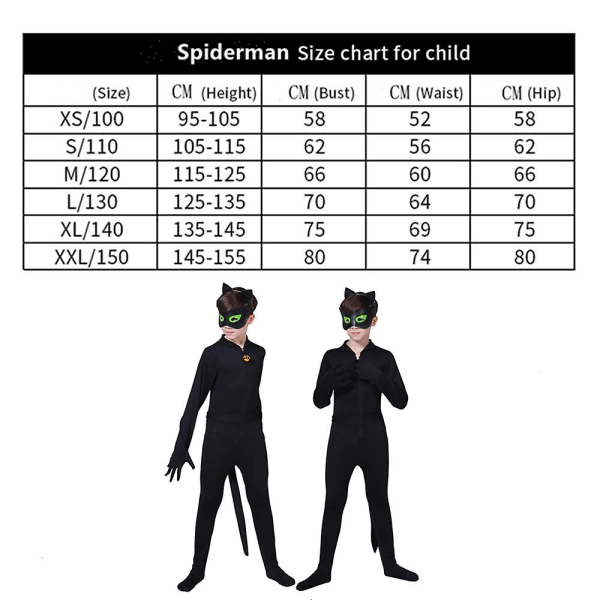 Lasten musta kissa puku Boys Cosplay Noel Bodysuit maskilla, korvalla, häntällä -ge 160(155-165CM)