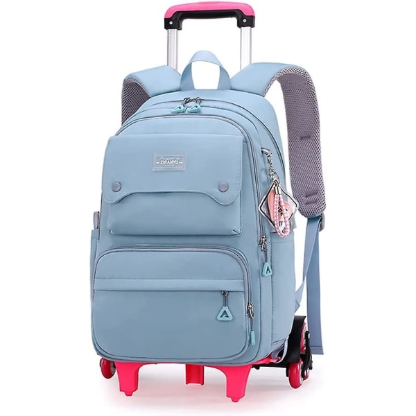 Enfärgade flickor rullande ryggsäck med hjul Skolväska Elementary School Student Trolley Daypack Outdoor Travel Bag Blue 6 Wheels