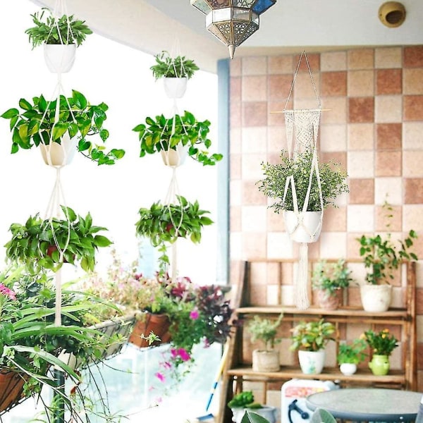 5-pack Macrame växthängare inomhus vägghängande planteringskara + 5 st krokar, handgjorda hängande växthållare Korgställ Dekorativ blomkrukhållare för Indo