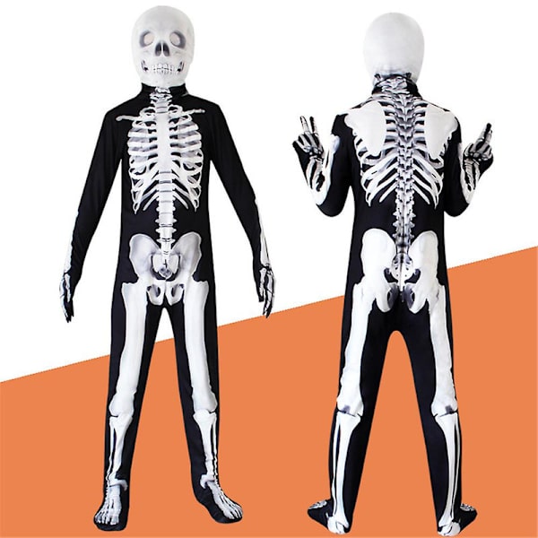 Halloween Kostume til Børn og Teenagere - Skelet Jumpsuit Outfit Sæt - 3-15 År - Flot Kostume Til Fest 7-8 Years