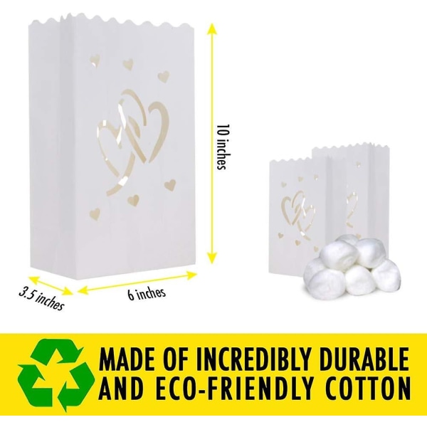 20 stk hvite lysposer utendørs spesiallanterne lyspose med duo hjerte Gjenbrukbare flammebestandige papirposer med bomullsmateriale (ikke inkludert Ca.