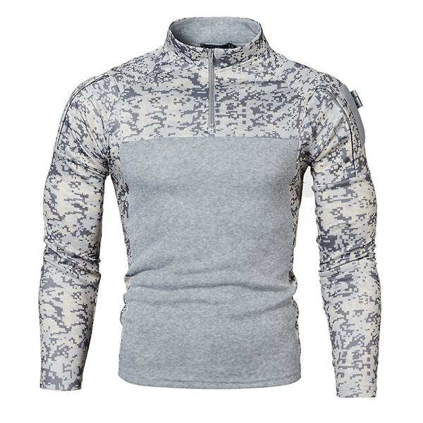 Herre Patchwork Camo Langærmet Zip Mock Neck T-shirt sportsoverdele Light Grey XL
